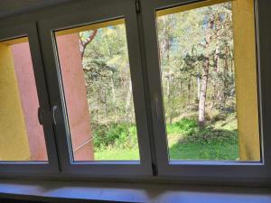 una ventana con vistas a un bosque en Przy Wydmie, en Mrzeżyno