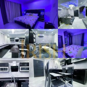 a collage of photos of a bedroom and a living room at IRISH Apartment in Kasoa