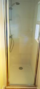 a shower with a glass door in a bathroom at Camping les dunes de Contis 3* grand emplacement ombragé et calme in Saint-Julien-en-Born