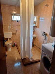 a bathroom with a shower with a toilet and a washing machine at Sunny Guest House in Boykovtsi +16 photos