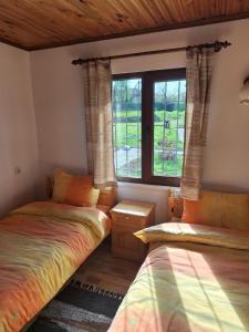 two beds in a room with a window at Sunny Guest House in Boykovtsi +16 photos