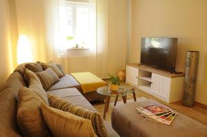 a living room with a couch and a television at das stille Paradies in Ledenitzen