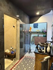 ein Bad mit einer Dusche und einem Waschbecken in einem Zimmer in der Unterkunft THUISHAVEN boutique mini-resort - fantastic garden and large pool - adults only in Willemstad