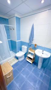 uma casa de banho em azulejos azuis com um WC e um lavatório em Alojamientos Claus em Almodóvar del Río