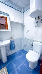 uma casa de banho azul e branca com um WC e um lavatório em Alojamientos Claus em Almodóvar del Río