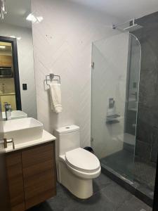 a bathroom with a toilet and a shower and a sink at Apartamento EON Zona Viva in Guatemala