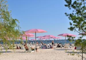 a group of people sitting on a beach with pink umbrellas at Lovely Leslieville, exploring nature in the city in Toronto