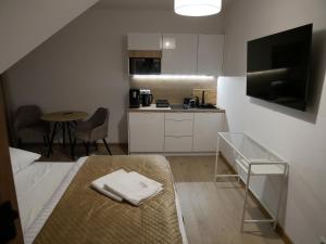 a small room with a bed and a kitchen at APP Biały Dunajec in Biały Dunajec +26 photos