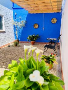 patio z niebieską ścianą, roślinami i krzesłem w obiekcie Hostal El Faro w mieście Chipiona