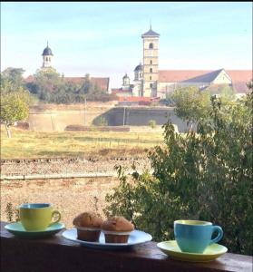 dos tazas y magdalenas en una mesa con vistas a un castillo en Á Citadelle de Caroline, en Alba Iulia