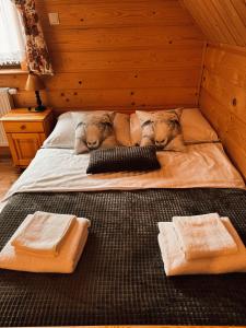 two dogs laying on a bed in a room at Domek Przy Potoku in Murzasichle