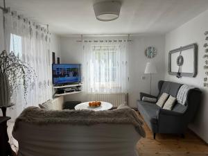 uma sala de estar com um sofá e uma televisão em Plan Be Gałkowo em Gałkowo