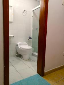 W łazience znajduje się toaleta i przeszklony prysznic. w obiekcie Tucacas, Sotavento w mieście Boca de Aroa