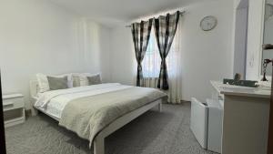 - une chambre blanche avec un lit et une fenêtre dans l'établissement Casa Nicoladis, à Zărneşti