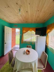 a room with a table with chairs and a refrigerator at Cabaña Curacautín, IX Región in Curacautín