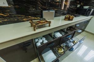德拉敦Dhruva - Luxury Villa in CBD的厨房柜台配有装满碗碟的抽屉
