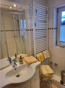 a bathroom with a sink and a shower and a mirror at Ferienwohnung Claudia in Oberammergau