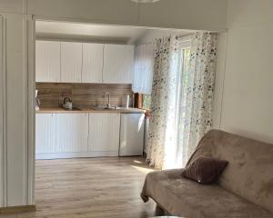 a living room with a couch and a kitchen at Domek obity dechami in Hartowiec