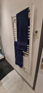 ein Badezimmer mit zwei blauen Handtüchern auf einem Handtuchhalter in der Unterkunft Bel appartement rénové avec de beaux volumes in Flavigny-sur-Moselle
