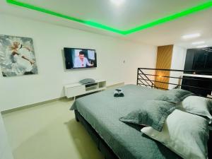 a bedroom with a bed with a green ceiling at Bellavista Loft Jacuzzi & Balcón in Guayaquil