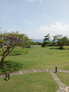 a grassy field with a tree and people in the distance at Appartements village Pierre et Vacances vue mer Aouara Roucou Malaka Guadeloupe St Anne in Sainte-Anne