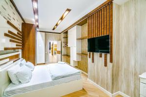 um quarto com uma cama e uma televisão de ecrã plano em Konsul Apartment Nizami em Baku