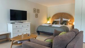 ein Wohnzimmer mit einem Bett, einem Sofa und einem TV in der Unterkunft La Canopée in Lecelles