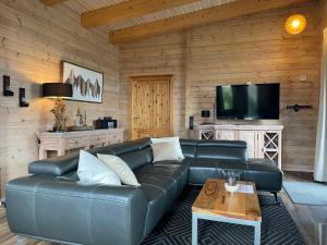 ein Wohnzimmer mit einem Ledersofa und einem Flachbild-TV in der Unterkunft Blockhaus Kik im Harz in Sankt Andreasberg