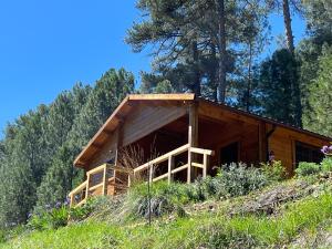 una cabaña de madera en una colina con árboles en Cabaña Garrote Gordo en Segura de la Sierra