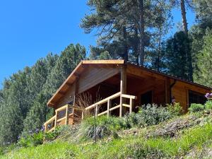 a log cabin on a hill with trees at Cabaña Garrote Gordo in Segura de la Sierra