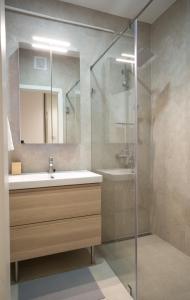 Un baño con lavabo y ducha de cristal. en Panorama Loft@Cathedral, en Szeged