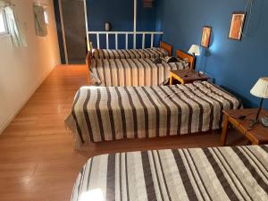 three beds in a room with blue walls and wooden floors at Casa Monte in Monte Hermoso