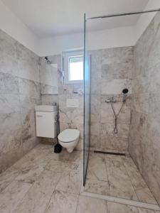 a bathroom with a toilet and a glass shower at Guest house Green River in Ljubuški