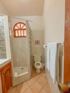 a bathroom with a toilet and a shower with a window at Ritz Empress in San Juan del Sur