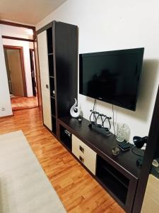 una sala de estar con un centro de entretenimiento negro con TV de pantalla plana en Aurum 29a en Doboj