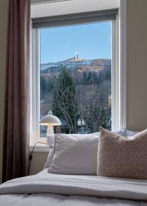 ein Bett mit einem Fenster mit Stadtblick in der Unterkunft Luxurious w/ beautiful location in Bergen