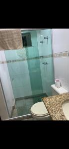 La salle de bains est pourvue de toilettes et d'une douche en verre. dans l'établissement Alugo apartamento de luxo, 3 quartos, 2 vagas, à Cabo Frio