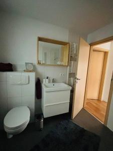 a bathroom with a toilet and a sink and a mirror at Ferienwohnung am Wartturm in Besigheim