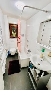 een witte badkamer met een wastafel en een toilet bij T&T Panorama Apartment in Blaustein