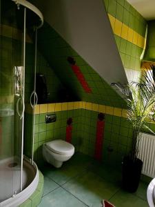 uma casa de banho com azulejos verdes, um WC e um chuveiro em DOM GOŚCINNY NAD JEZIOREM BIAŁYM em Gorzewo