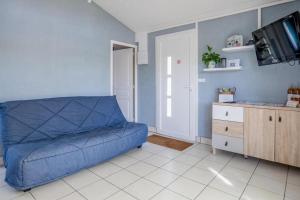 sala de estar con sofá azul y TV en Maison au bord du Loir, en La Flèche