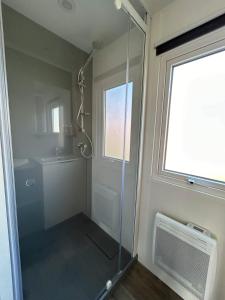 y baño con ducha de cristal y ventana. en Bondi Beach, en Renesse
