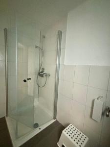 een douche met een glazen deur in de badkamer bij Ferienwohnung am Wartturm in Besigheim