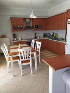 uma cozinha com uma mesa e cadeiras e um frigorífico em Όμορφο διαμέρισμα με εκπληκτική θέα em Menídion