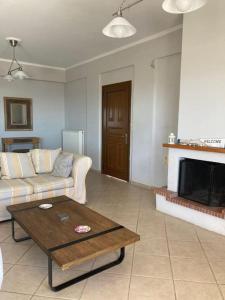 uma sala de estar com um sofá e uma mesa de centro em Όμορφο διαμέρισμα με εκπληκτική θέα em Menídion