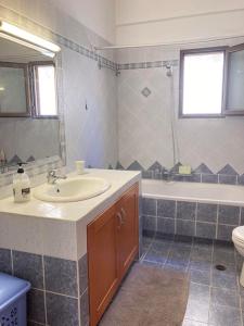 uma casa de banho com um lavatório, um WC e uma banheira em Όμορφο διαμέρισμα με εκπληκτική θέα em Menídion