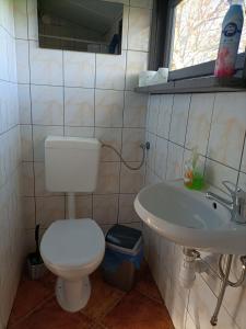 a bathroom with a toilet and a sink at domek good vibes A in Gnieżdżewo