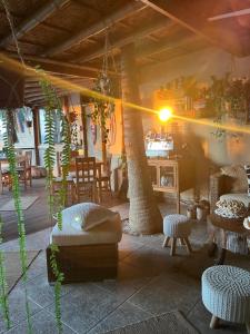 un patio con mesa, sillas y un árbol en Los Corales, en Máncora