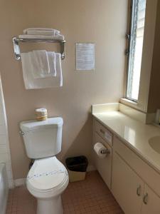 a bathroom with a white toilet and a sink at Hotel Pacific Garden in Gardena