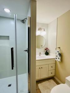 a bathroom with a shower and a sink at Beachside Historic Cottage - Steps to Sand! in Clearwater Beach